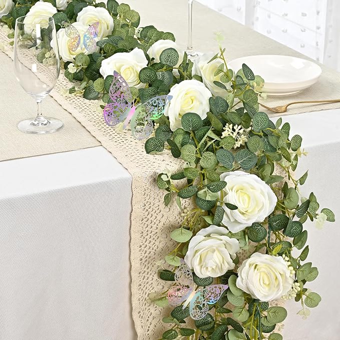 Yastouay 6 Ft Fuller White Flower Garland with Butterfly, Artificial Eucalyptus Garland with Flowers Fake Rose Vine Garland for Table Centerpiece Wedding Arch Baby Shower Party Room Backdrop Decor
