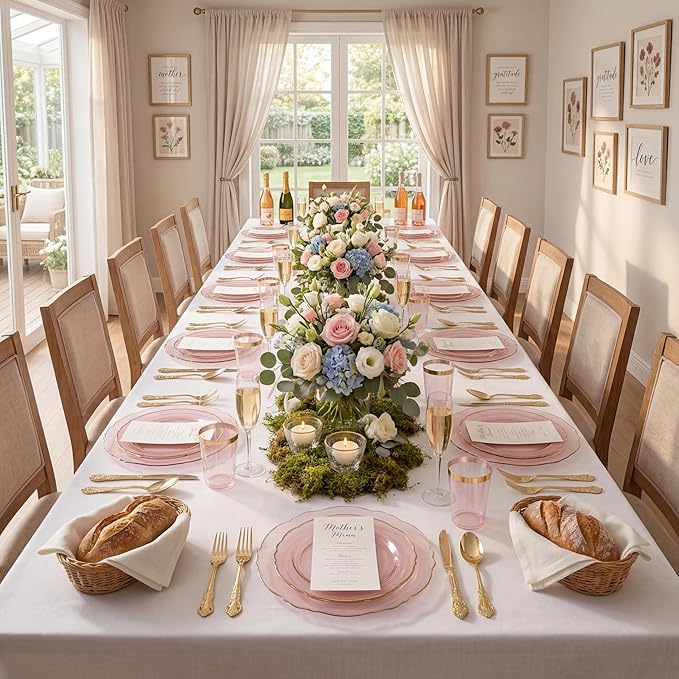 KIRE 210Pcs Clear Pink Plastic Plates with Gold Rim - Disposable Pink Plates for Party - 30 for Dinner 30 for Dessert 90 Silverware 30 Napkins 30Cups for Upscale Wedding/Party/Baby Shower/Mother's Day