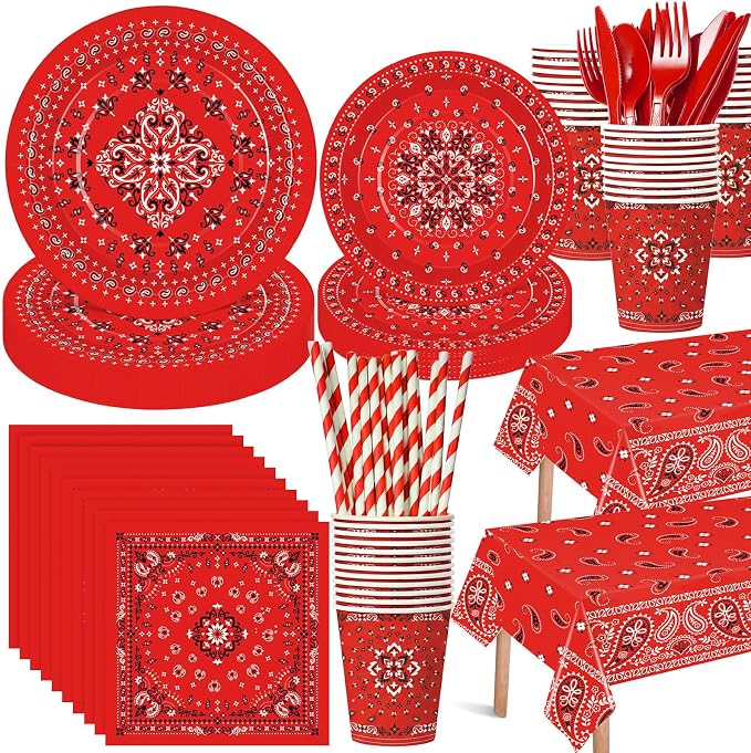 Funnymoom 452 Pcs Red Bandana Western Party Decorations for 50 Guests, Red Bandana Paper Plates Cups Napkins Tablecloth Cutlery Straws for Cowboy Cowgirl Farm Baby Shower Birthday Party Supplies