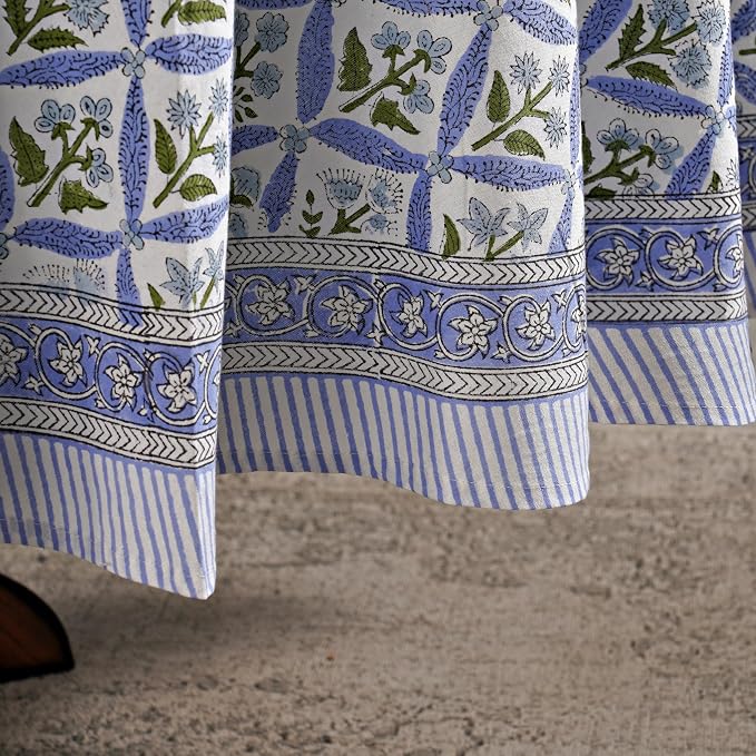 Ridhi Round Tablecloth Hand Block Print 100% Cotton Reusable Light Steel Blue 110 Inch Table Cover Decorative Everyday Use for Dining, Home, Party, Wedding, Farmhouse Gift for Spring, Mother's Day