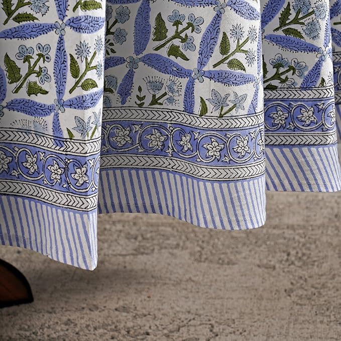 Ridhi Round Tablecloth Hand Block Print 100% Cotton Reusable Light Steel Blue 120 Inch Table Cover Decorative Everyday Use for Dining, Home, Party, Wedding, Farmhouse Gift for Spring, Mother's Day
