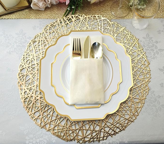 OCCASIONS 80 Gold Plastic Plates for 40 Guests, Heavyweight Disposable Dinnerware Set, 10.5" Dinner + 8" Dessert, Elegant Party Tableware for Wedding Baby Shower (Imperial White & Gold)