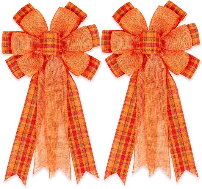 2 Pack Fall Bows for Wreaths Decorations for Home, Halloween Tree Topper Bow, Thanksgiving Bow with Orange Buffalo Plaid Burlap Front Door Outdoor