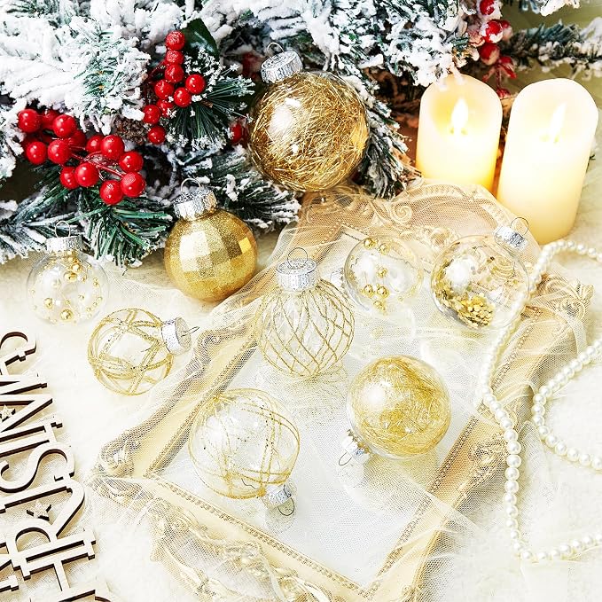 CristBest 30ct Christmas Ball Ornaments-60mm/2.36" Shatterproof Clear Plastic Xmas Balls Baubles Set with Stuffed Delicate Sparkling, Hanging Christmas Tree Decorations(Gold)
