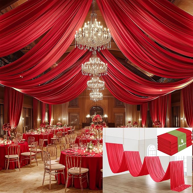 4 Panels 5x40ft Red Ceiling Drapes for Wedding Parties, Wrinkle Free Thick Polyester 40ft Extra Long Wedding Draping Red Ceiling Curtains Arch Drapery for Birthday Party Canopy Tent Decor