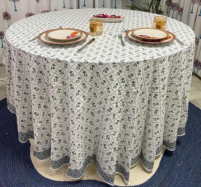 Ridhi Round Tablecloth Hand Block Print 100% Cotton Reusable Indian Light Blue 60 Inch Table Cover Decorative Everyday Use for Dining, Home, Party, Wedding, Farmhouse Gift for Spring, Mother's Day