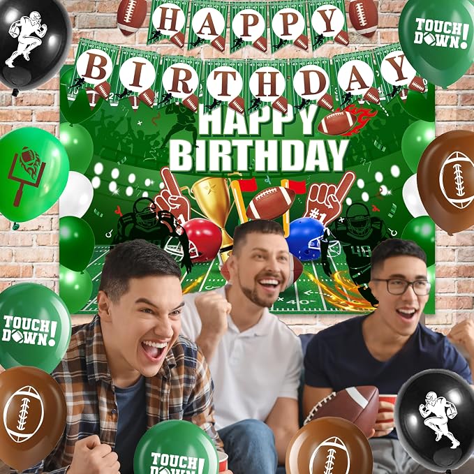 Football Birthday Decorations For Men,Happy Birthday Backdrop,Banner Balloons,Table Cloth,Paper pom poms Party Supplies for Boys