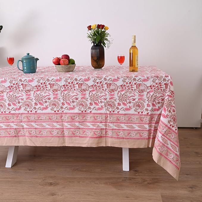 Hand Block Printed Tablecloth, Colorful Floral Print, Indian Artisan Handmade Art, Dining Room, Kitchen, Outdoor Décor, (Pink Meadow Bloom, 6 Seater 60 x 90 Inches Rectangle)