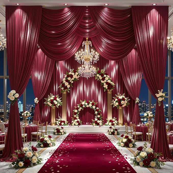 20x10ft Burgundy Glitter Backdrop Curtain for Parties, Wrinkle Free Satin Photo Backdrop Drapes 4 Panels 5x10FT Shimmer Back Drop Cloth for Wedding Birthday Baby Shower Photography Background Decor
