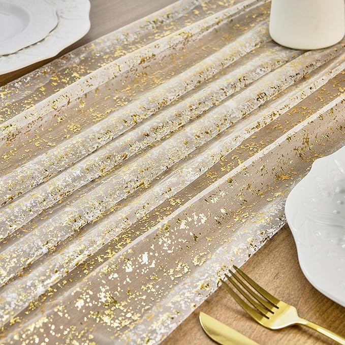 FEXIA 2Pcs Ramadan Decor Table Runner, Gold Glitter Table Runner for Wedding Table Decor, Spring Party Decorations, Elegant Dining Table Centerpiece for Eid Celebrations, Ivory Gold