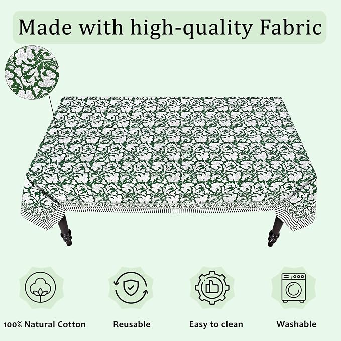 Ridhi Pantone Artichoke Hand Block Print Cotton Rectangle Tablecloth 60" x 60" inches Reusable Table Cover Decorative Everyday Use for Dining Room, Farmhouse, Home Gift for Spring, Mother's Day