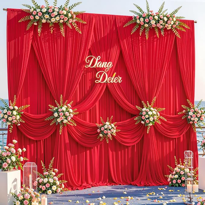 10ftx12ft Wrinkle Free Red Backdrop Curtain, 2 Panels 12FT Long Wedding Photo Backdrop Drapes, Silky Polyester Back Drop Cloth for Birthday Photography Background Party Backdrop Draping