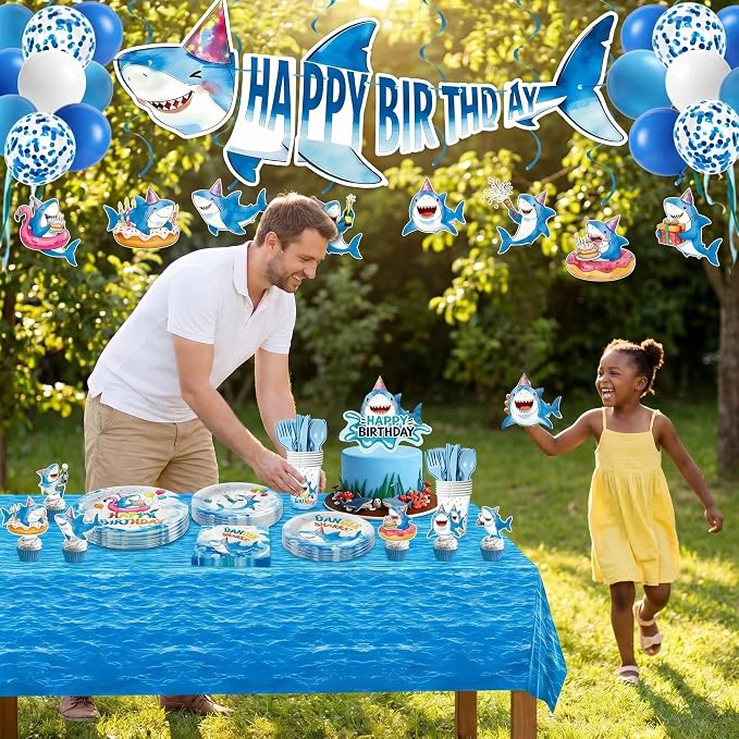 190pcs Shark Plates Napkins Party Supplies Decorations Disposable Tableware Set Include Cups Cutlery Cake Cupcake Topper Banner Hanging Swirl Balloon Tablecloth for Shark Birthday Decorations Serve 20