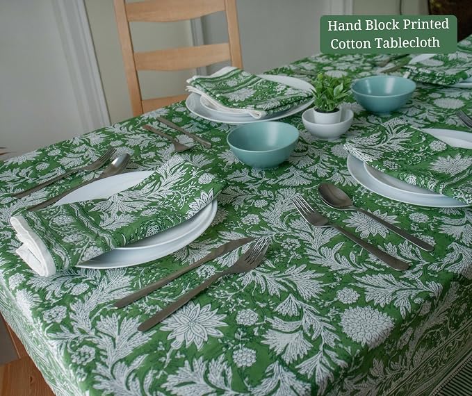 Block Print Table Cloth- Green 60x90 Inch Rectangle 100% Cotton Handmade Pre-Shrink, Washable for Spring, Kitchen & Dining Perfect for Chirstmas, Patio, Indoor & Outdoor, Farmhouse
