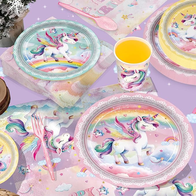 210pcs Unicorn Birthday Party Supplies Plates Napkins Unicorn Party Decorations Include Paper Plates Napkins Cup Cutlery Balloon Hanging Swirl Tablecloth Tableware for Girl Birthday Decor Serve 24