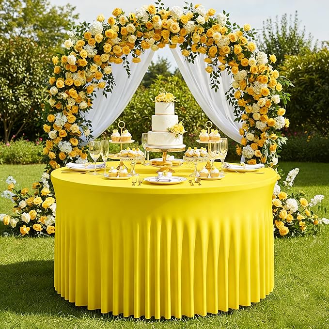 72 Inch Yellow Round Tablecloth,Washable Stretchy Fitted Circular Table Cover with Elastic Edge for 6FT Round Table, Reusable Tablecloth for Wedding Banquet Party Birthday Buffet Dining