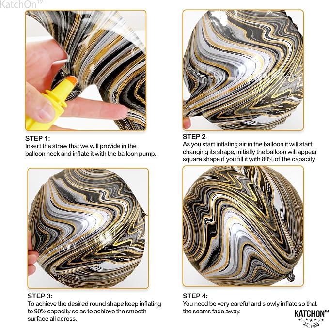 KatchOn, Black and Gold Marble Balloons - Big 22 Inch, Pack of 12 | 4D Marble Black and Gold Balloons for Birthday Party Decorations | Agate Balloons for Retirement, Dance Party Decorations