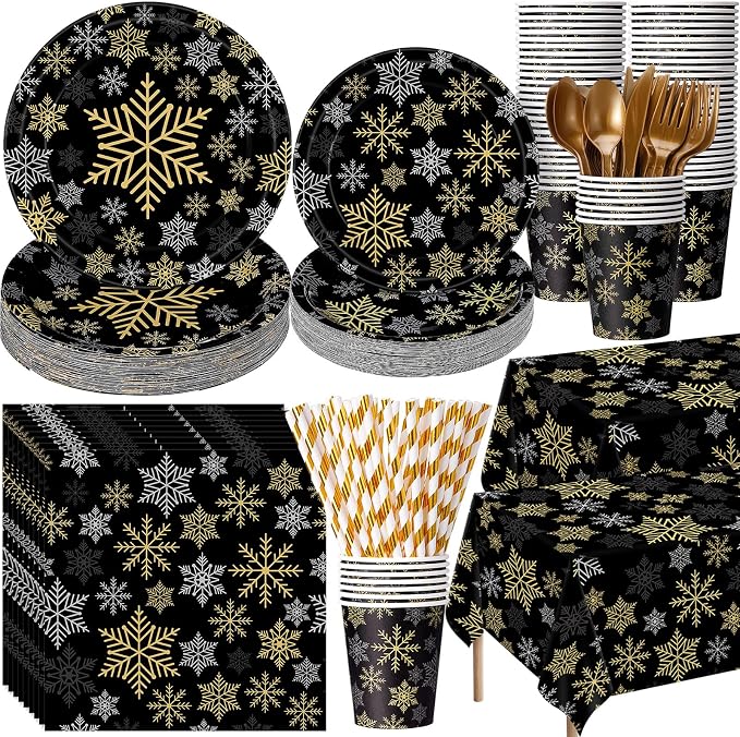 Funnymoom 452 Pcs Christmas Snowflake Party Supplies Black Gold and Sliver Snowflake Paper Plates and Napkins Cups Tablecloth Cutlery Straws for 50 Guests Winter Xmas Birthday Party Decoration