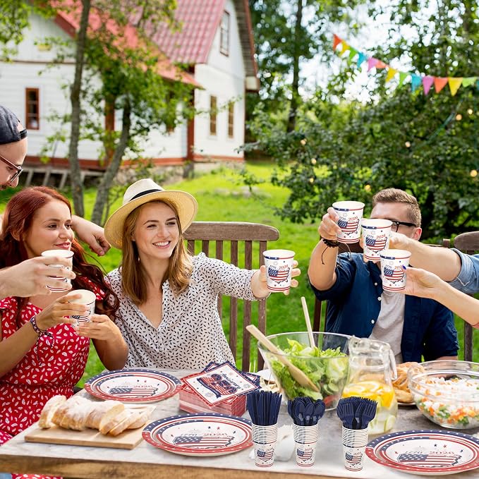 Kochorie 400 Pieces USA 250th Anniversary Party Supplies, Disposable Patriotic Tableware Sets with America 250th Anniversary Paper Plates Cups Napkins Cutlery Serves 50 for 4th of July Party Supplies