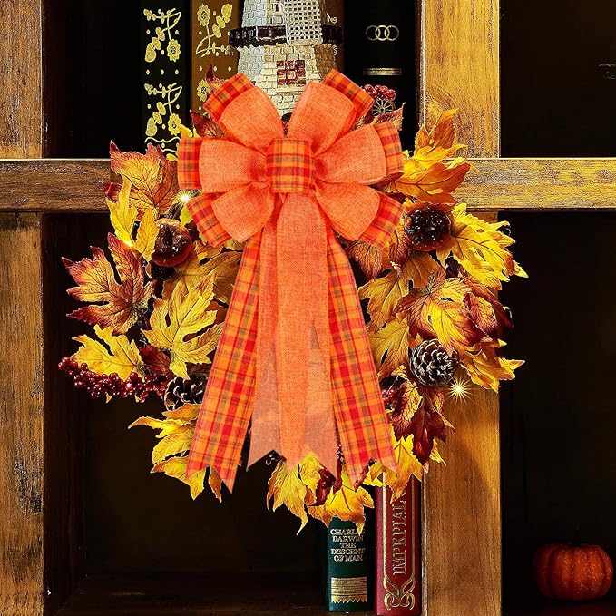 2 Pack Fall Bows for Wreaths Decorations for Home, Halloween Tree Topper Bow, Thanksgiving Bow with Orange Buffalo Plaid Burlap Front Door Outdoor