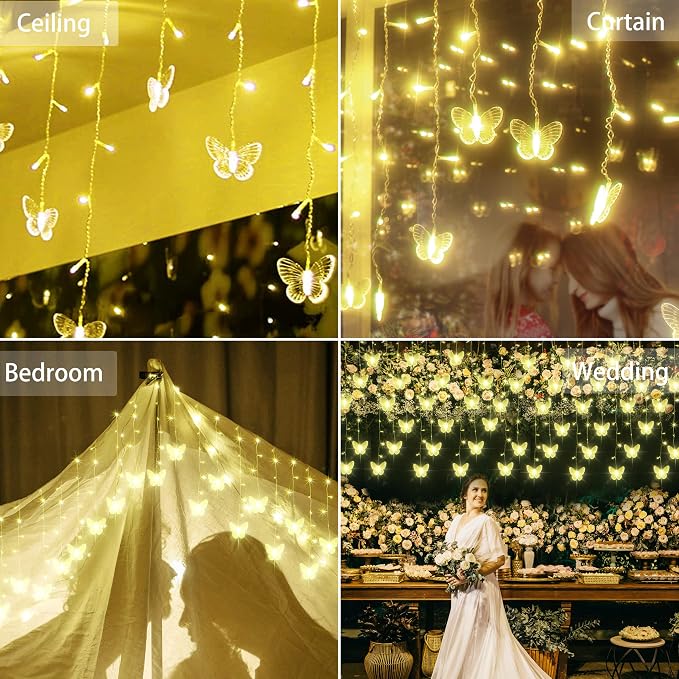 Butterfly Curtain Fairy Lights USB Plug in,120 LED 8 Modes 20FT Firefly Twinkle Icicle String Lights with Remote Timer Waterproof Copper Wire for Bedroom Patio Christmas Wedding Party Dorm(Warm White)