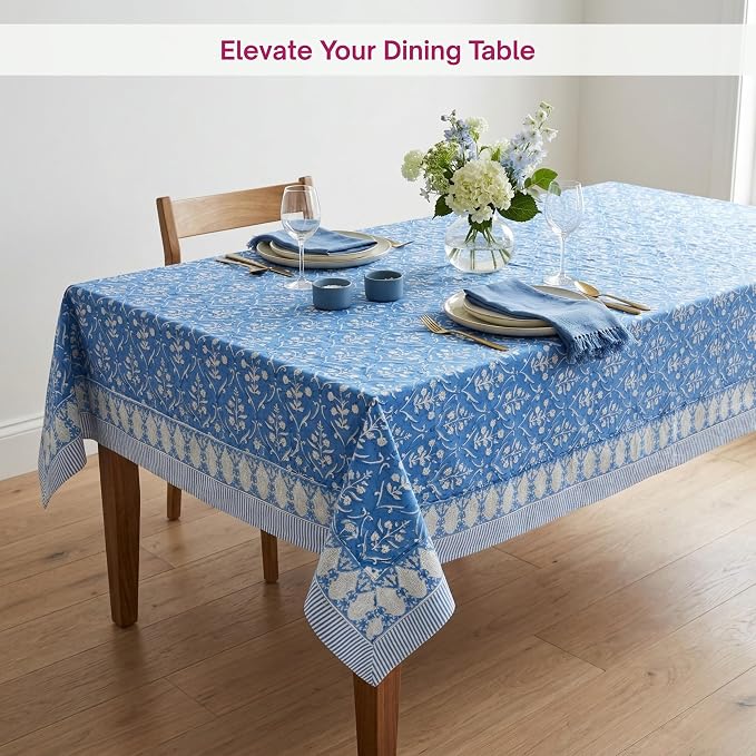 ATOSII Maya Blue 100% Cotton Rectangle Spring Summer Tablecloth, Handblock Floral Print Linen Table Cloth for Kitchen Dining I Parties, Weddings, Outdoors, Easter Decor 60 X 108 Inches, 8 Seater