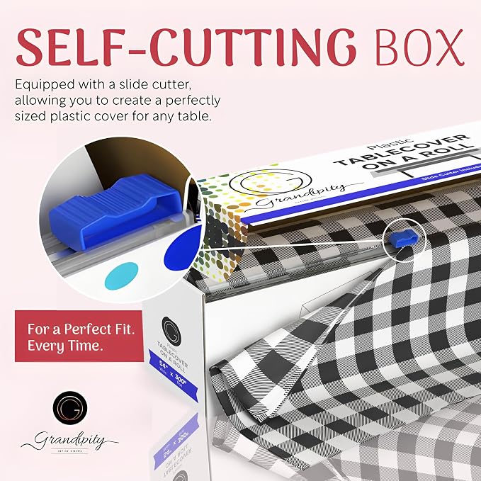 Grandipity Plastic Tablecloth Roll - 54in x 300 Ft. Black Gingham Plastic Table Cloths Disposable with Cutter Box - Cut to Size Disposable Tablecloth Table Cover for Rectangle & Round