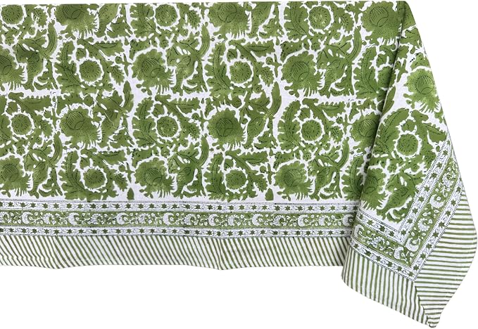 ATOSII Paradise Green 100% Cotton Rectangle Summer Tablecloth, Handblock Floral Print Linen Table Cloth for Kitchen Dining I Parties, Weddings, Outdoors, 60 X 108 Inches I 8 Seater