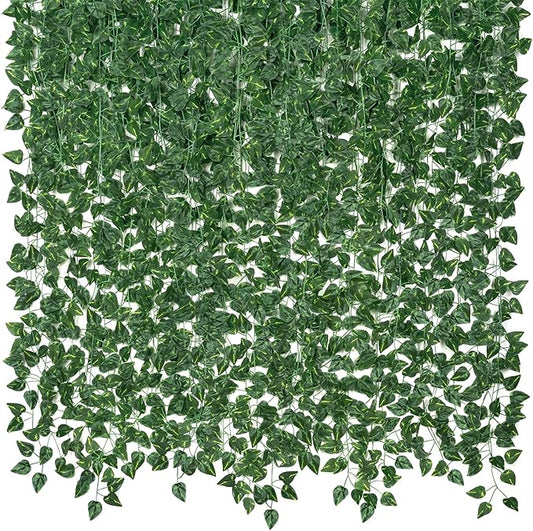CQURE 48 Pcs 336Ft Artificial Ivy Fake Vines,Ivy Garland Greenery Garland Fake Hanging Plants Vines Green Leaves for Bedroom Wedding Garden Wall Room Decor