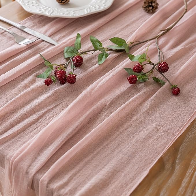 Keketoarrange Dusty Pink Mothers Day Table Runner Cheesecloth Gauze Rustic 120 Inch 10 FT for Wedding Baby Shower Bridal Shower Birthday Engagement Party Long Sheer Boho Spring Summer Home Decorations