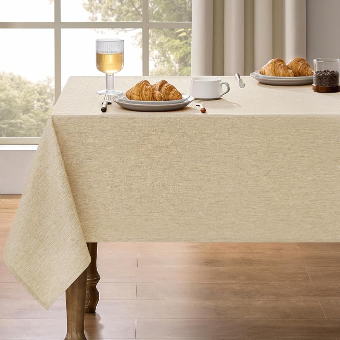 Decorelia Faux Linen Farmhouse Table Cloth 60"x104" for 6 ft Rectangle Table, Beige Waterproof Outdoor Washable Cloth Tablecloth for Rectangular Dining Room Kitchen Outdoor Party Restaurant Decor