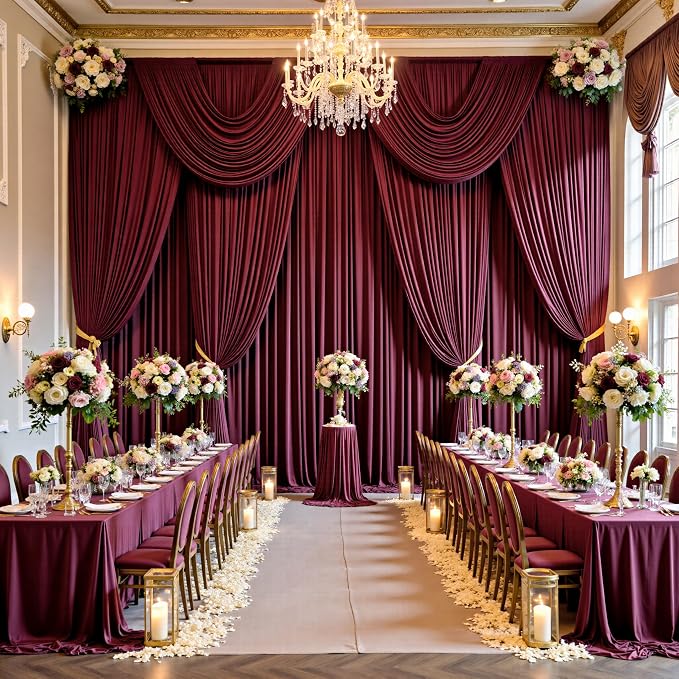 20ft x 15ft Burgundy Backdrop Curtains for Wedding Parties, 4 Panels Extra Long Wrinkle Free Fabric Drapes Photo Backdrop for Baby Shower Birthday Stage Reception Lobby Decoration