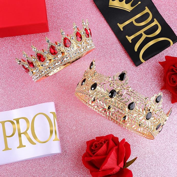 6 Pieces Prom King and Queen Crowns Sashes Set, Crystal Tiara for 2026 Homecoming Graduation Party Birthday Wedding