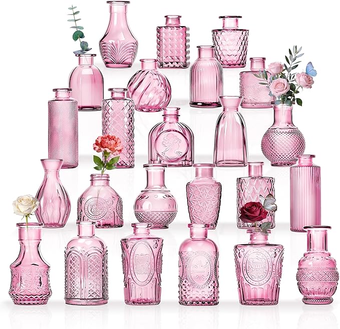 24PCS Mini Bud Vases As Wedding Centerpieces for Tables,Clear Bud Vases for Flowers,Small Flower Vases Suitable for Birthday Party,Anniversary,Wedding Reception,Baby Shower (Pink, 24PCS)