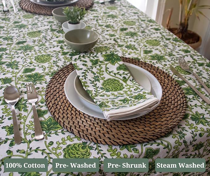 Block Print Table Cloth- 54x108 Inch Rectangle 100% Cotton Handmade Pre-Shrink, Washable for Spring, Kitchen & Dining Perfect for Patio, Indoor & Outdoor, Farmhouse