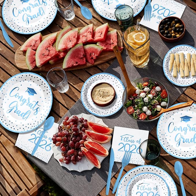 350pcs Class of 2026 Graduation Plates and Napkins Set, Disposable Paper Plate Set Polka Dots Napkins Cups Knife Fork Spoon for Graduation Party Decorations and Supplies,Serve 50(White LightBlue)
