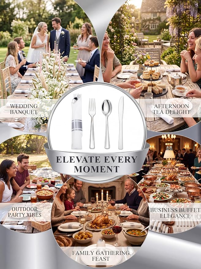Supernal 240 Silver Plastic Silverware Set - 60 Sets Pre Rolled Napkins with Cutlery - Mirror Polished Real Look Disposable Silver Utensils- Elegant Heavy Duty Flatware for Weddings & Catering