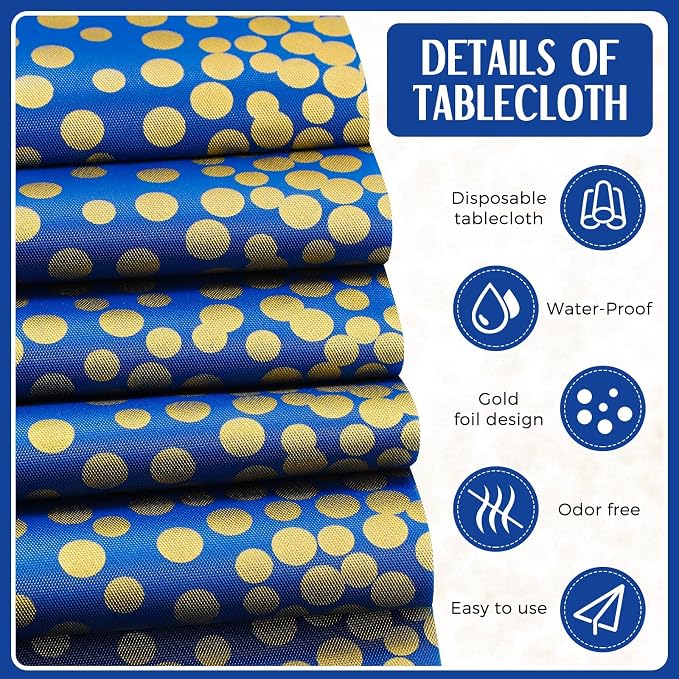 Tudomro 16 Pcs Gold and Dark Blue Disposable Plastic Tablecloths and Satin Table Runner Set 54x108 Inch Tablecloth 12x108 Inch Table Runners for New Year Wedding Birthday Baby Shower Graduation