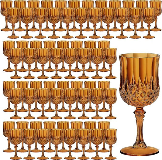 7OZ Plastic Wine Glasses, Reusable Vintage Goblets Unbreakable Drinking Glasses Crystal Water Cups Champagne for Wedding, Parties (100, Amber)