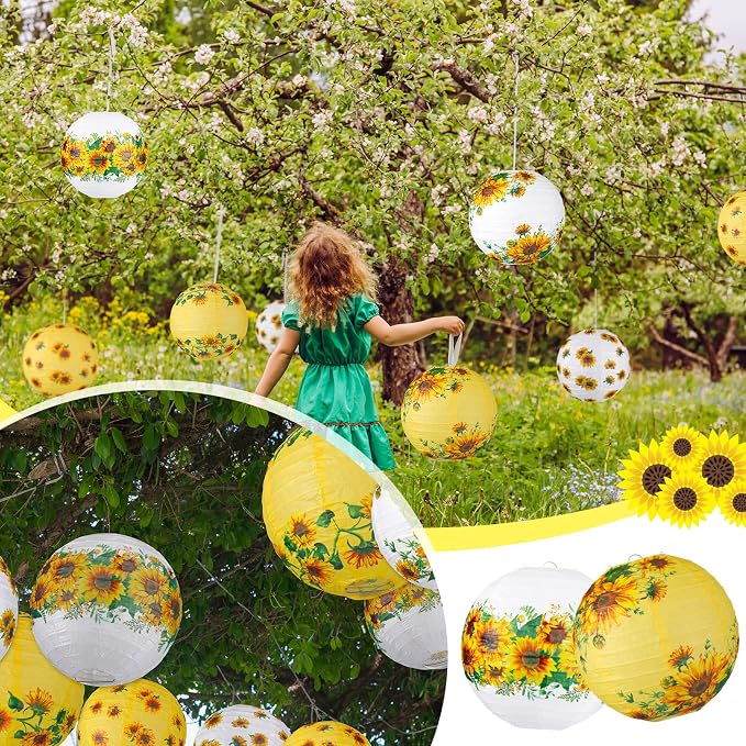 Panelee 12 Pcs Sunflower Paper Lanterns Party Decorations 8 Inch Hanging Round Hanging Paper Party Decorations for Holiday Indoor Outdoor Supplies