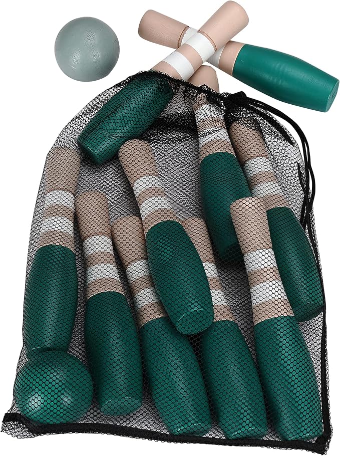 Sterling Sports Wooden Lawn Bowling 9" Skittles Set with Carrying Mesh Bag for Indoors and Outdoors - 10 Wooden Pins and 2 Balls, Green/Turquoise and Gray