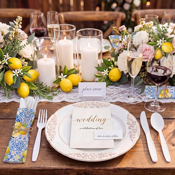 200 Pcs Capri Lemon Party Supplies Biodegradable Disposable Tableware Set for 50 Guests Knives Spoon Fork Paper Napkins Mediterranean Lemons Supplies for Bridal Shower Wedding Bridesmaid Gift