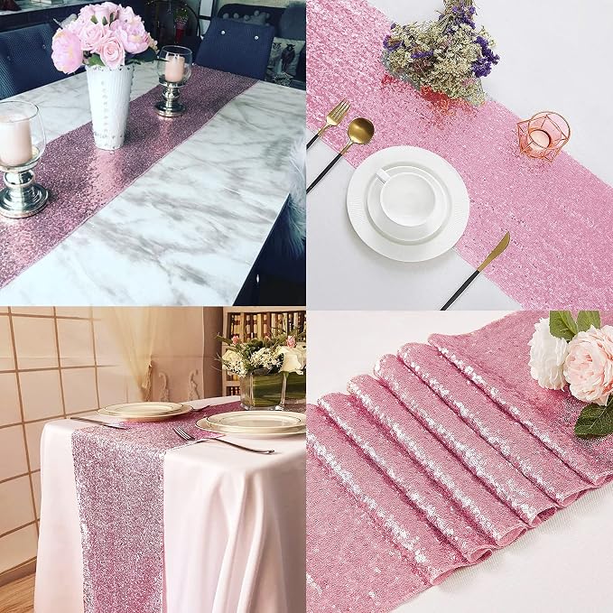 12 Packs 12 X 72 Inch Pink Sequin Table Runner Glitter Dining Table Runner for Birthday Wedding Engagement Bridal Baby Shower Bachelorette Holiday Celebration Party Supplies Decorations (Pink)