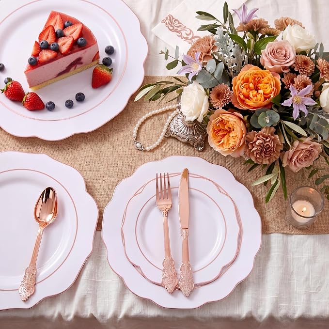 NOCCUR 175PCS Rose Gold Plastic Plates with Disposable Silverware - Include 25Dinner Plates, 25Dessert Plates, 25Forks, 25Knives, 25Spoons, 25Cups, 25Napkins for Party/Wedding/Birthday/Graduation
