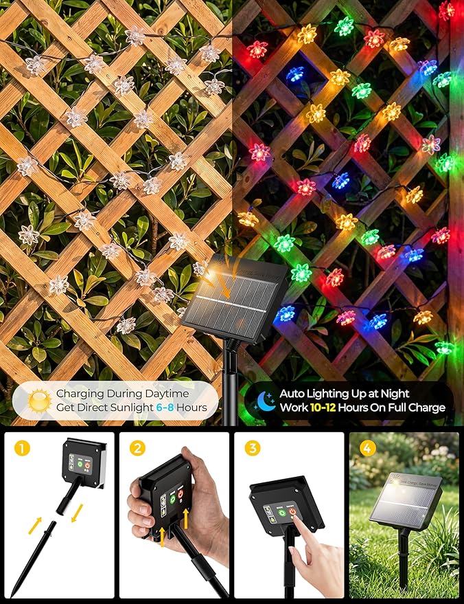 Brightown 50 LED Flower Solar String Lights Outdoor Waterproof, Multicolor Solar Powered Fairy Lights with 8 Lighting Modes for Garden Fence Yard Patio Christmas Tree Party Wedding Decor