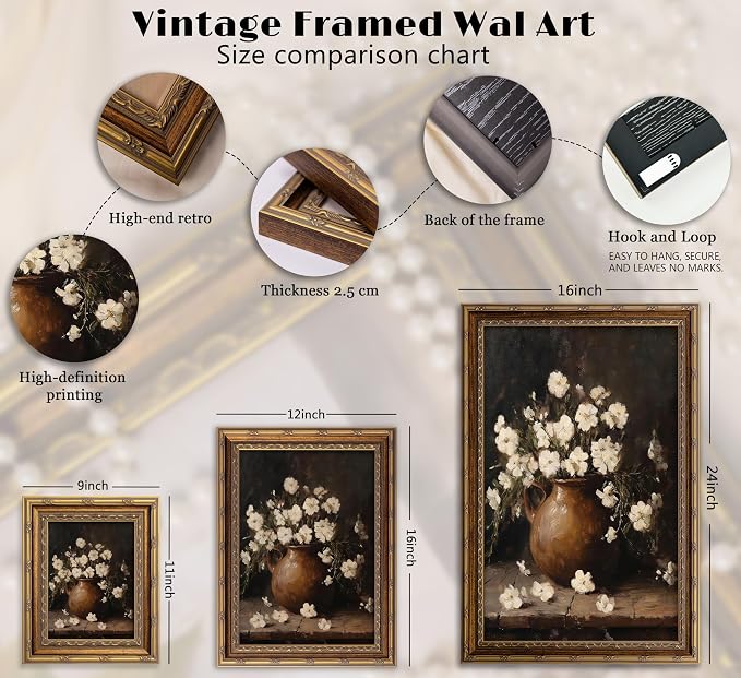 Vintage Gold Framed Wall Art Vintage Flower Still Life Wall Decor Retro White Floral Picture Retro Rustic Floral Poster Print Artwork for Home Living Bedroom Farmhouse Hallway