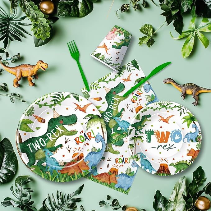 Srua Don Dinosaur 2nd Birthday Party Supplies For Boy, Dino Two Rex Birthday Decorations, Disposable Paper Plates, Cups, Napkins, Tablecloth, Cutlery, Swirls, Banner, Serves 24