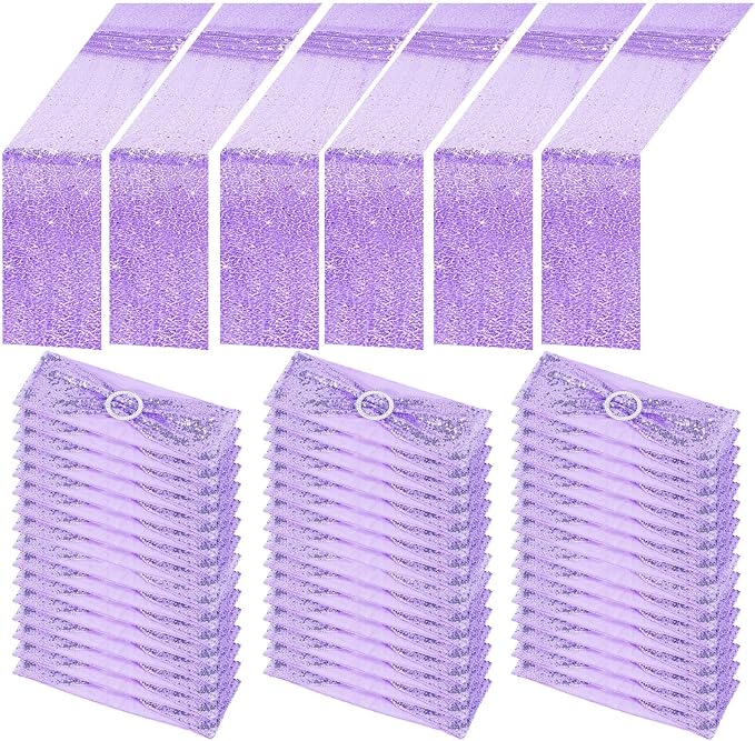 Newwiee 54 Pcs Rose Purple Sequin Chair Sashes and Table Runners, 48 Sequin Chair Bows, 6 Glitter Table Runners for Birthday Party Wedding Banquet Holiday Decorations