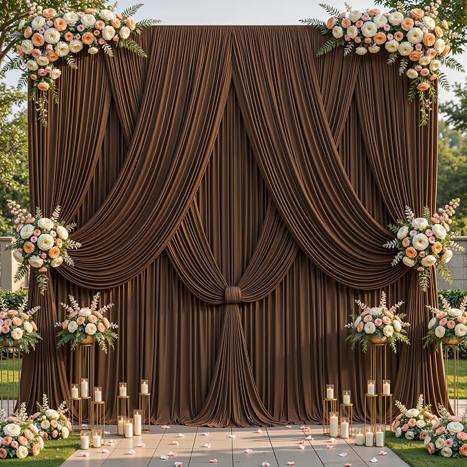 10ftx12ft Wrinkle Free Brown Backdrop Curtain, 6 Panels 12FT Long Wedding Photo Backdrop Drapes, Silky Polyester Back Drop Cloth for Birthday Photography Background Party Backdrop Draping