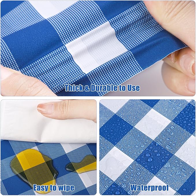 Kochorie 54 Inch x 100 Ft Blue Checkered Plastic Table Cloth Roll Disposable Waterproof Table Cover Plastic Table Cover Roll with Easy Slide Cutter for Outdoor Picnic/Home Dining/Summer Party